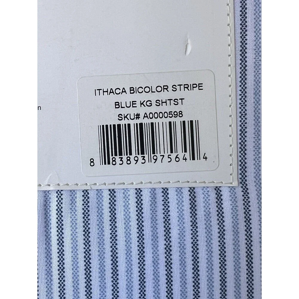 Tommy Hilfiger KING Bed Sheet Set 100% Percale Cotton Ithaca Bicolor Stripe Blue